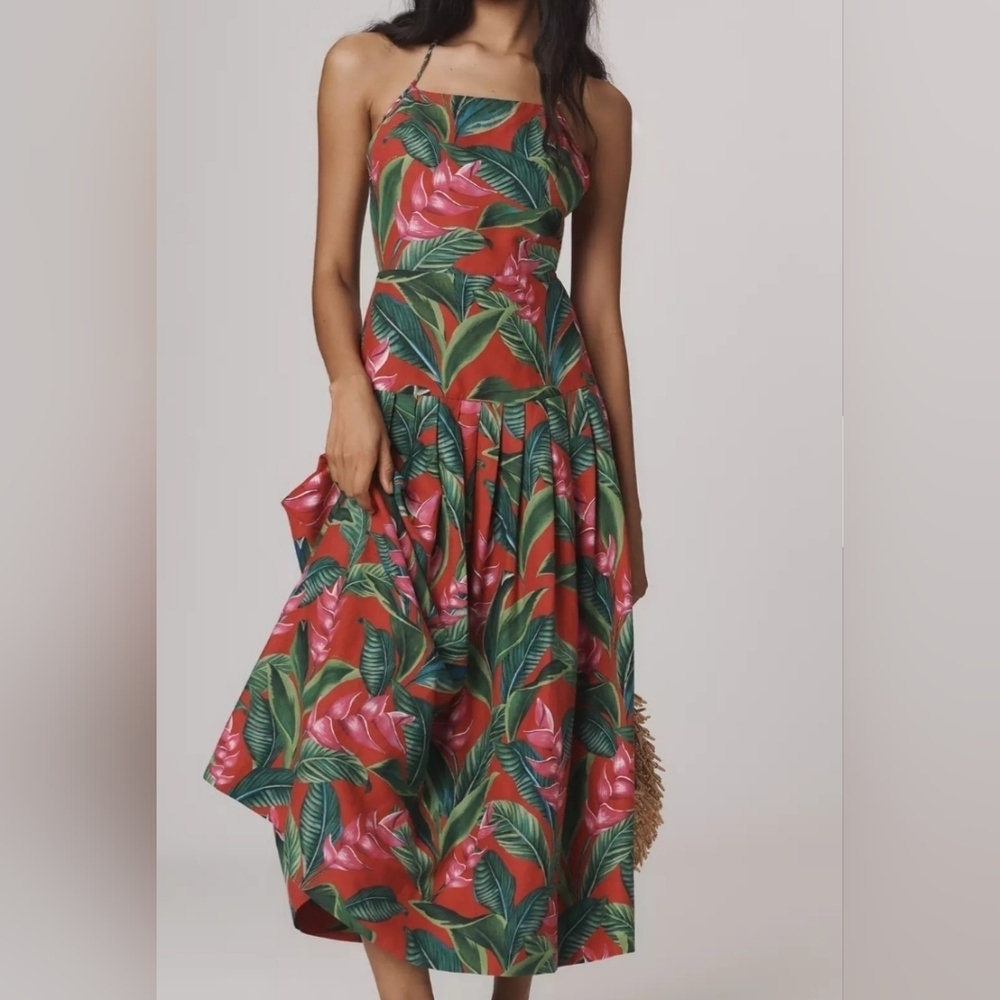 Farm Rio Linen Blend Dream Garden Strappy Drop - Waist Midi Dress, Size S, M & L
